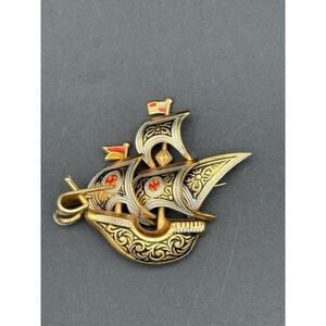 Vintage Damascene Spanish Sailing Boat‎ Ship Brooch Pin marked  Spain 1960s